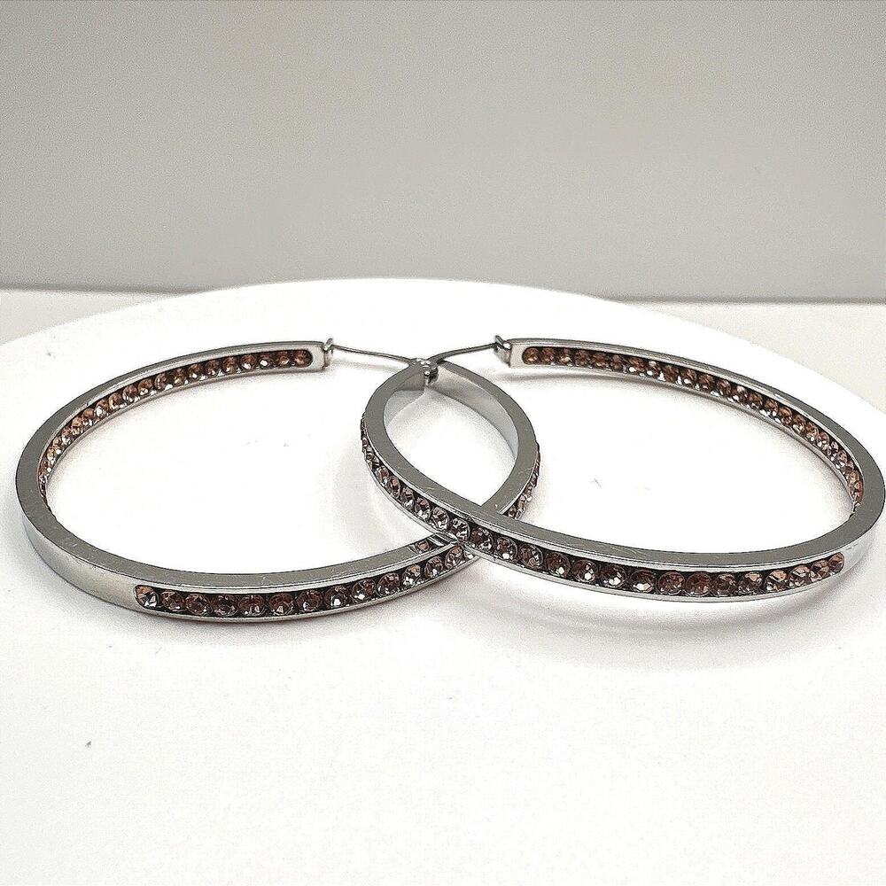 Vintage 90s Silver Tone Champagne Glass Large Hoop Earrings Fashion Jewelry